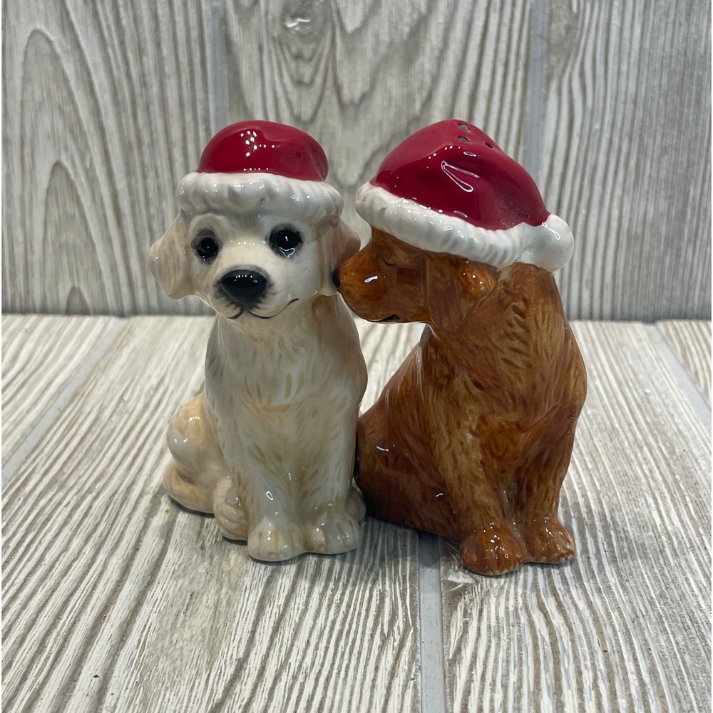 Christmas Dog Salt and Pepper Shakers Magnetic Ceramic Labradors Santa Hats Set